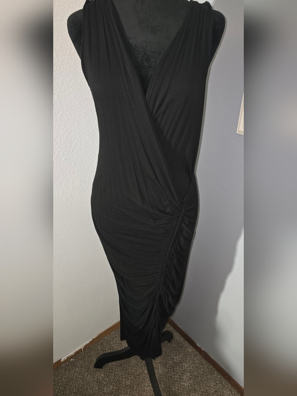 Black Ruched Wrap-Front Women's Dress